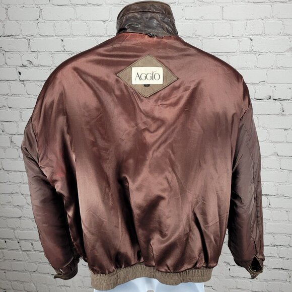 VTG Aggio Brown Genuine Soft Leather Full Zip Snap Pockets Bomber Jacket Large L - Picture 10 of 16
